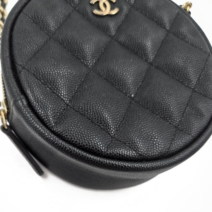 Chanel Black Caviar Round Mini Clutch With Chain