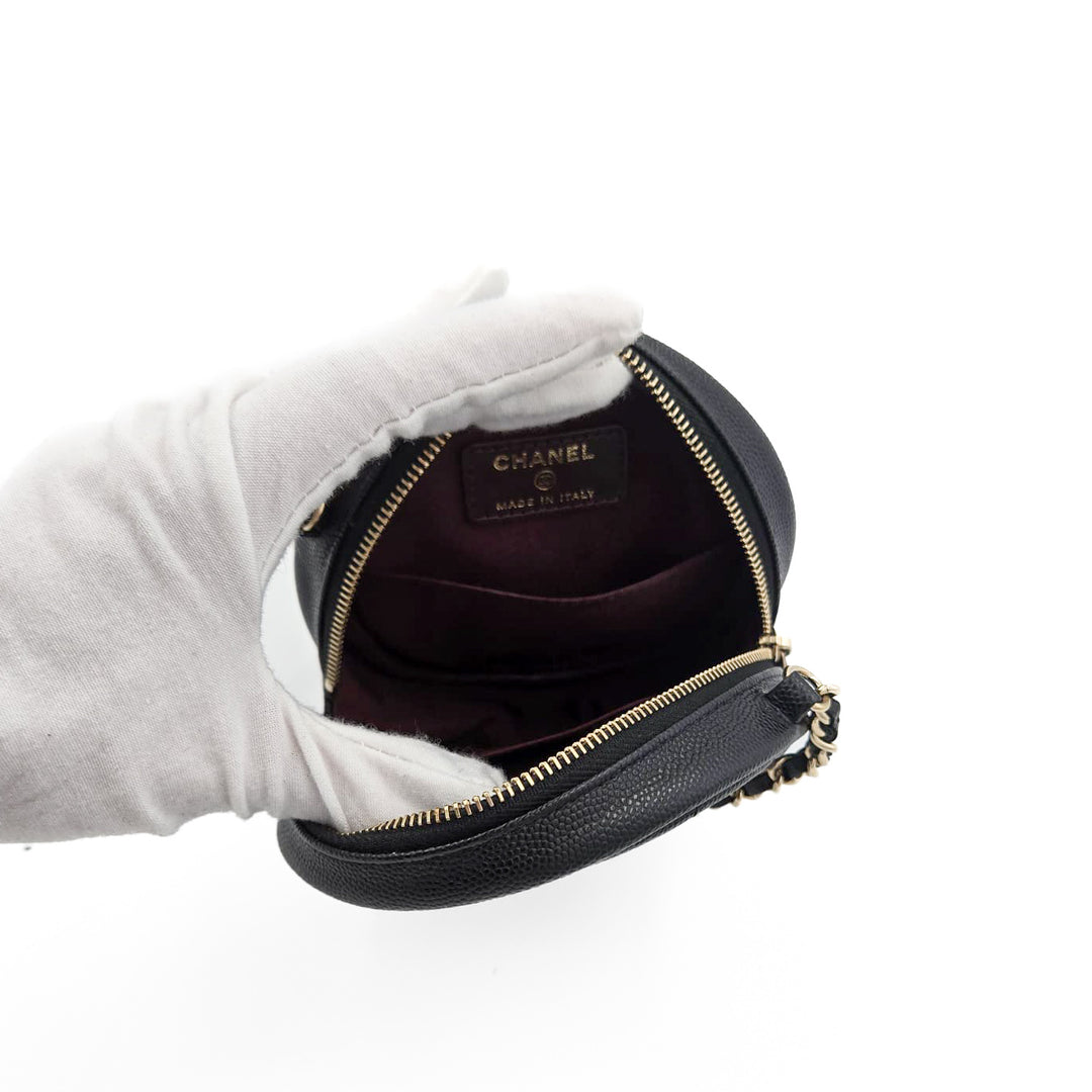 Chanel Black Caviar Round Mini Clutch With Chain