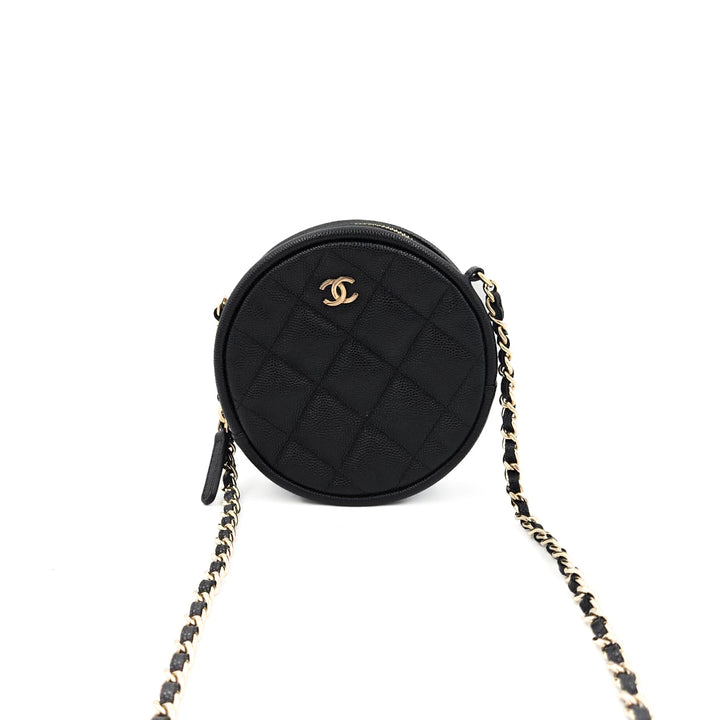 Chanel Black Caviar Round Mini Clutch With Chain