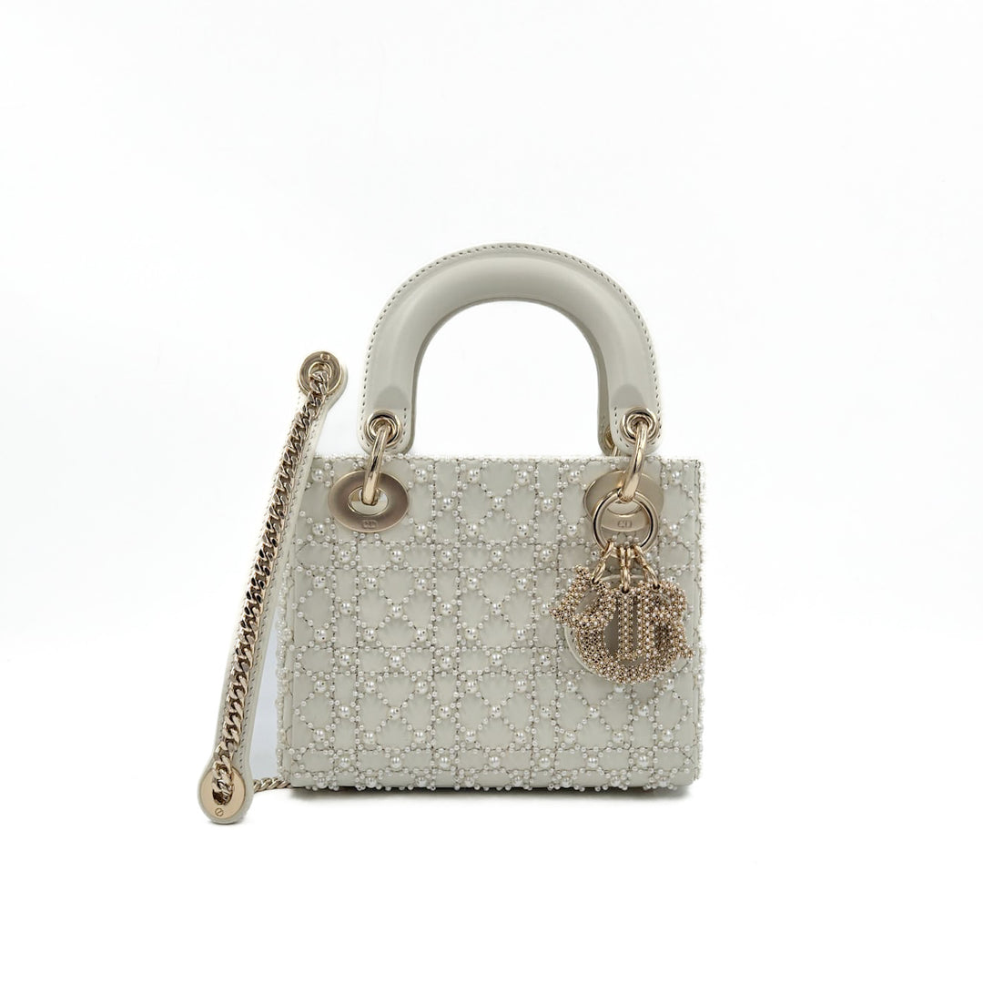 Christian Dior Lambskin Mini Lady Dior Bag with Resin Pearls